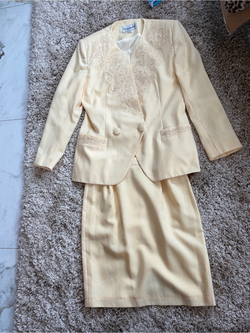 Vintage John Meyer Women's Two-Piece Suit - Pale Yellow with beaded design